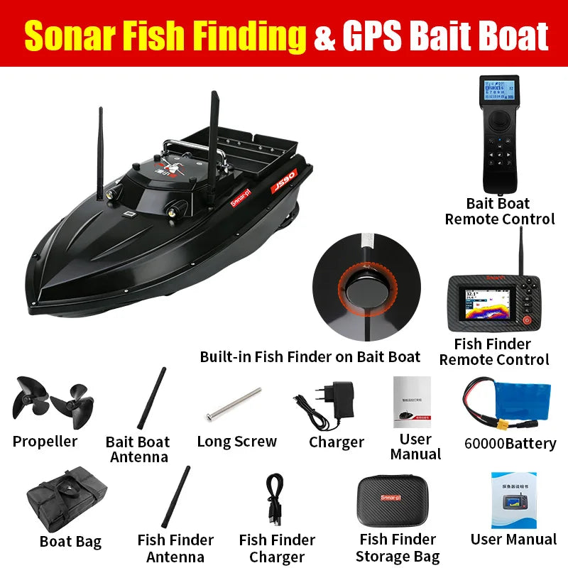 JS90S GPS Bait Boat 280m/1 Minute 100 Fishing Spots Load 3KG Built in Fish Detector Automatic Cruise Return 3-speed Adjustment