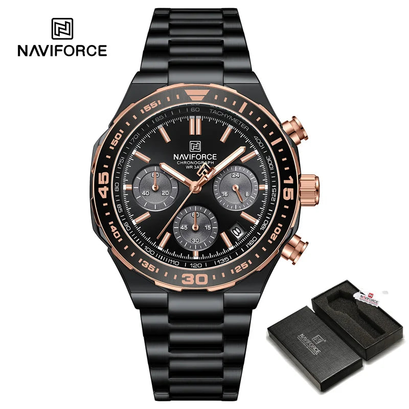 Reloj NAVIFORCE 2024 para hombre, resistente al agua, estilo casual de negocios, con fecha, manecillas luminosas, cuarzo, cronógrafo, correa de acero inoxidable