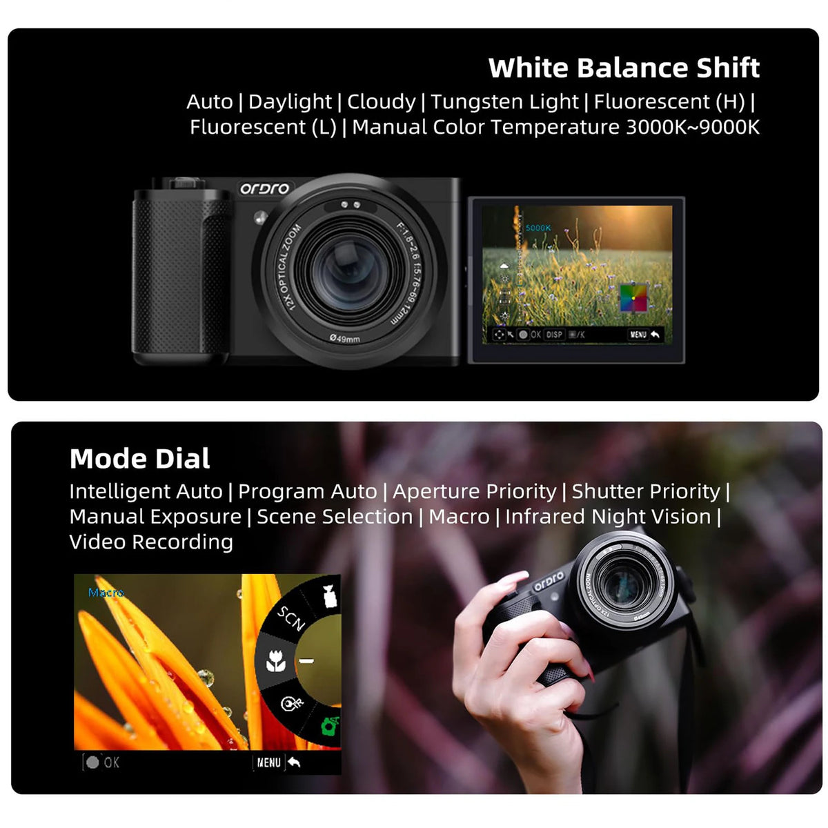 ORDRO G730 Cámara digital compacta Pantalla táctil 5K Cámara de Vlogging de visión nocturna IR Blanco Negro para fotografía