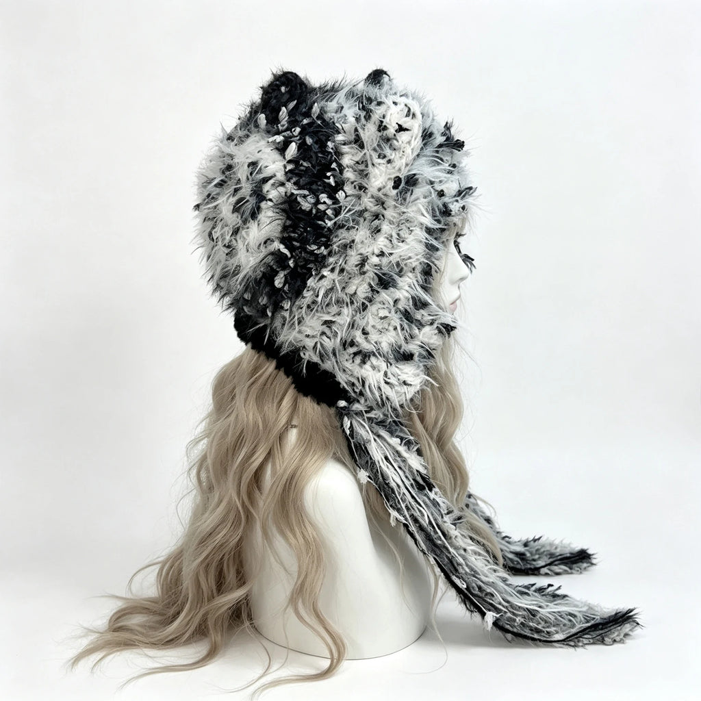 Gorro de invierno cálido, tejido a mano, personalizado, de ganchillo, negro y gris, con orejas de gato, peludo, estilo gótico, kawaii, lolita, cosplay, para hombre y mujer.