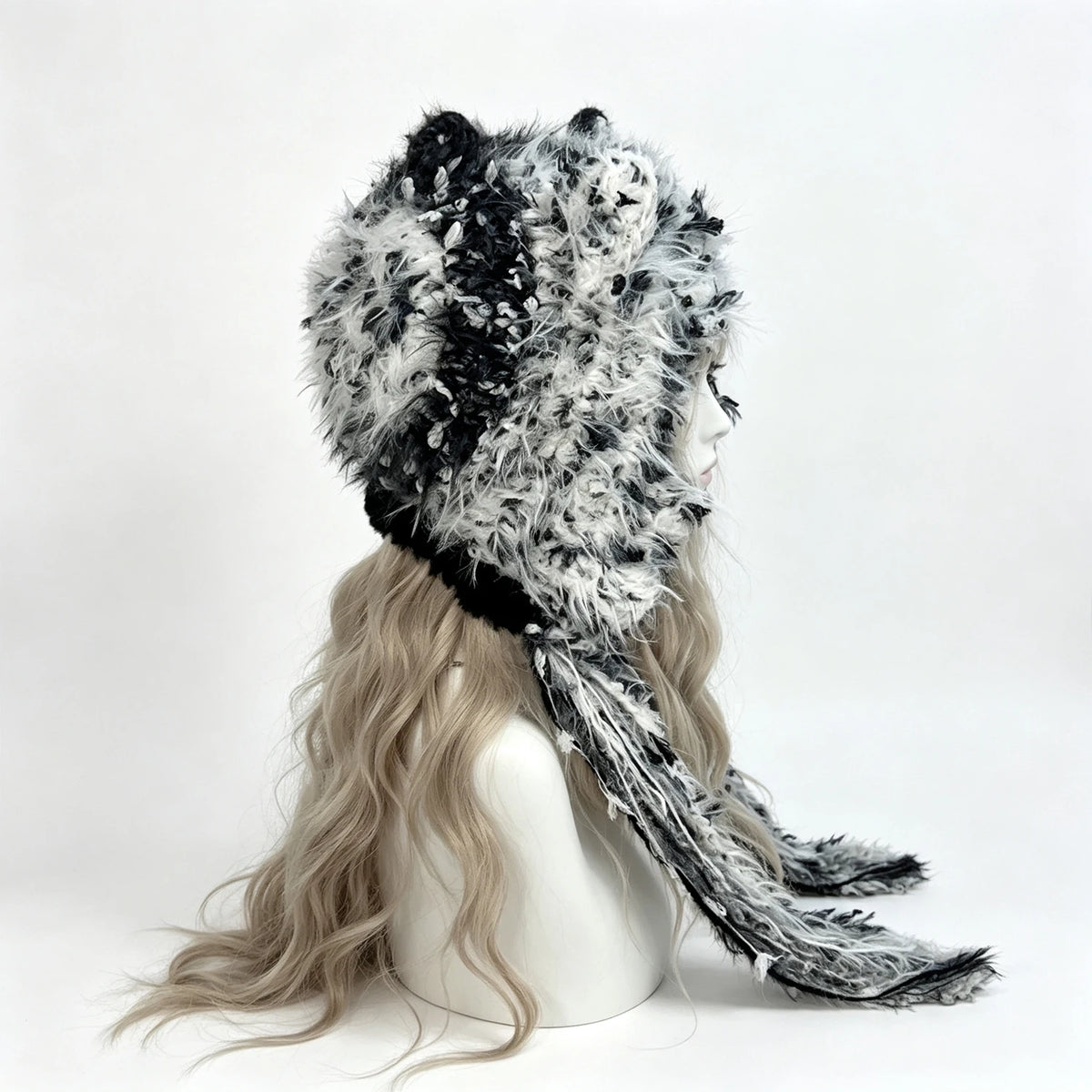 Gorro de invierno cálido, tejido a mano, personalizado, de ganchillo, negro y gris, con orejas de gato, peludo, estilo gótico, kawaii, lolita, cosplay, para hombre y mujer.
