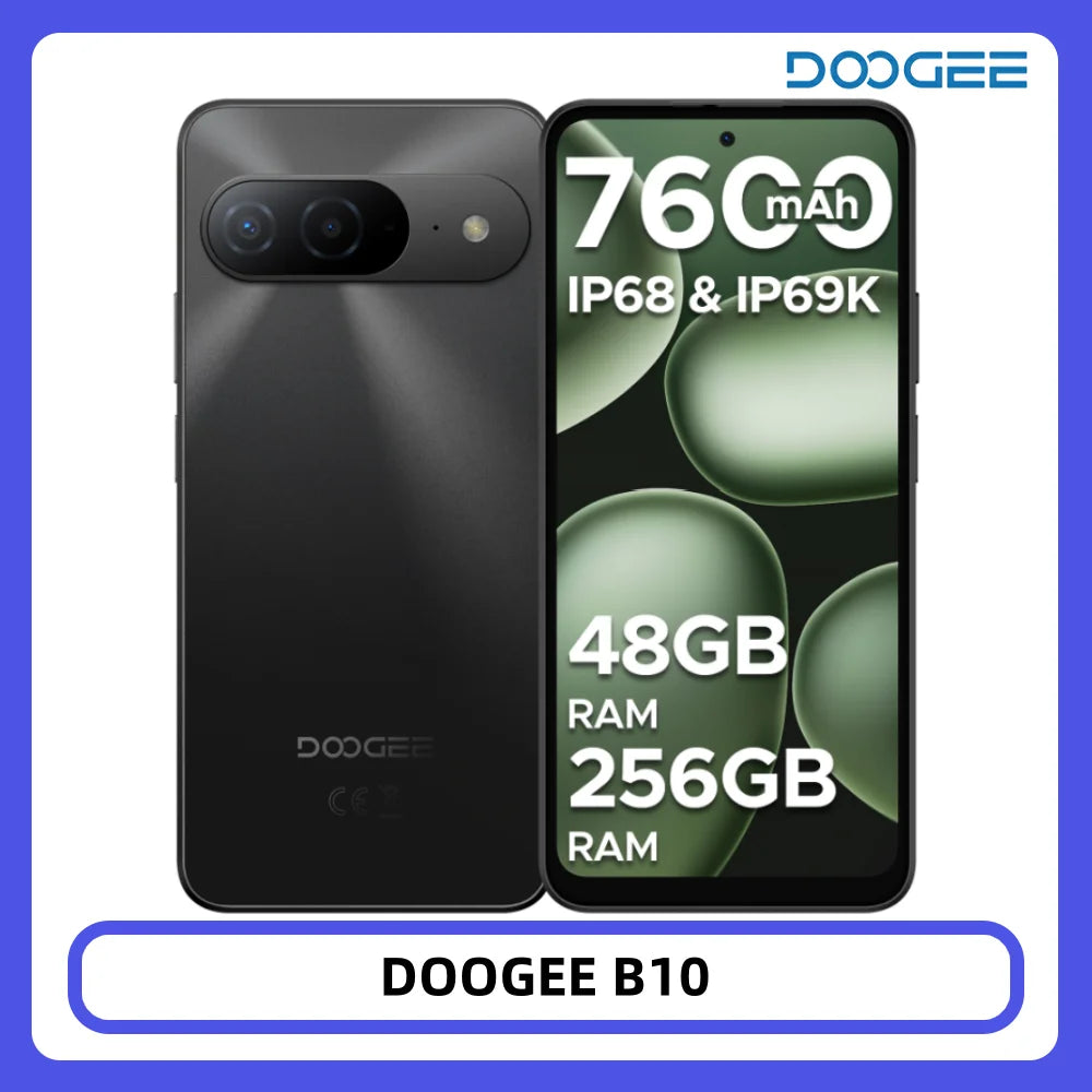 Smartphone DOOGEE B10 Android 16 48GB+256GB IP68 Pantalla FHD de 6,63” 120Hz Helio G100 Batería grande de 7600mAh Cámara de 64MP Teléfono móvil