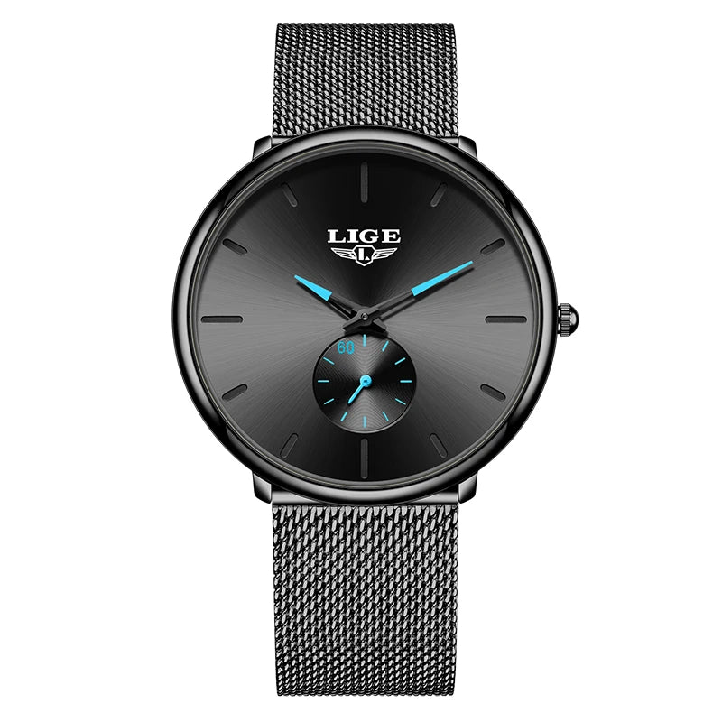 Reloj de cuarzo de lujo para hombre, marca LIGE, diseño moderno, informal, ultrafino, con malla de acero, resistente al agua, deportivo.