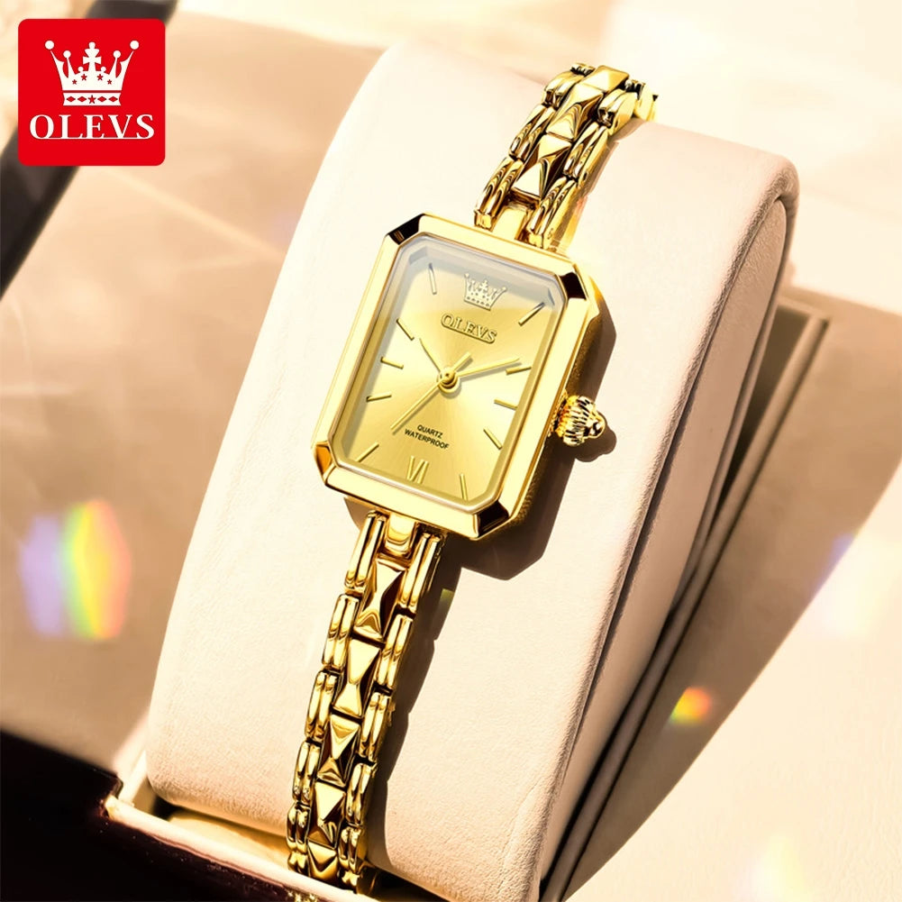 Reloj de pulsera analógico de cuarzo para mujer OLEVS, elegante, rectangular, de acero inoxidable, con brazalete dorado