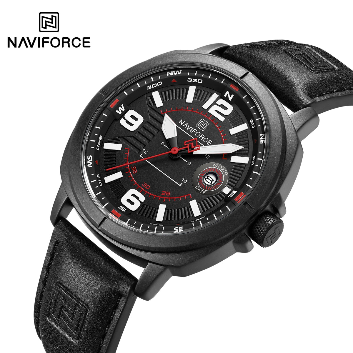 NAVIFORCE 8078 Men's Quartz Watch Luminous Calendar Casual Sports Wristwatch Waterproof with Soft Leather Strap for Daily Wear