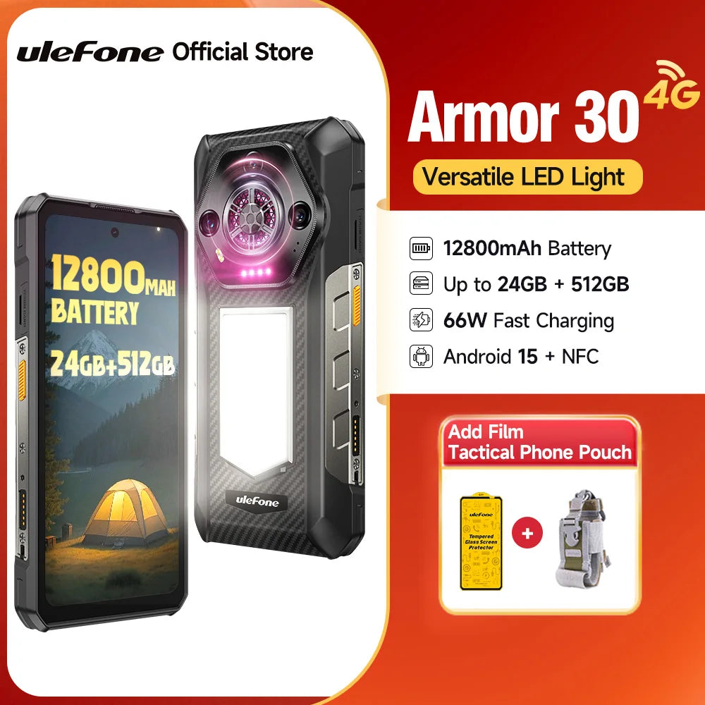 Smartphone Ulefone Armor 30 ultrarresistente, Android 15, 24GB+512GB, LED versátil, NFC, carga rápida de 66W, 12800mAh, altavoz potente, 6,95"