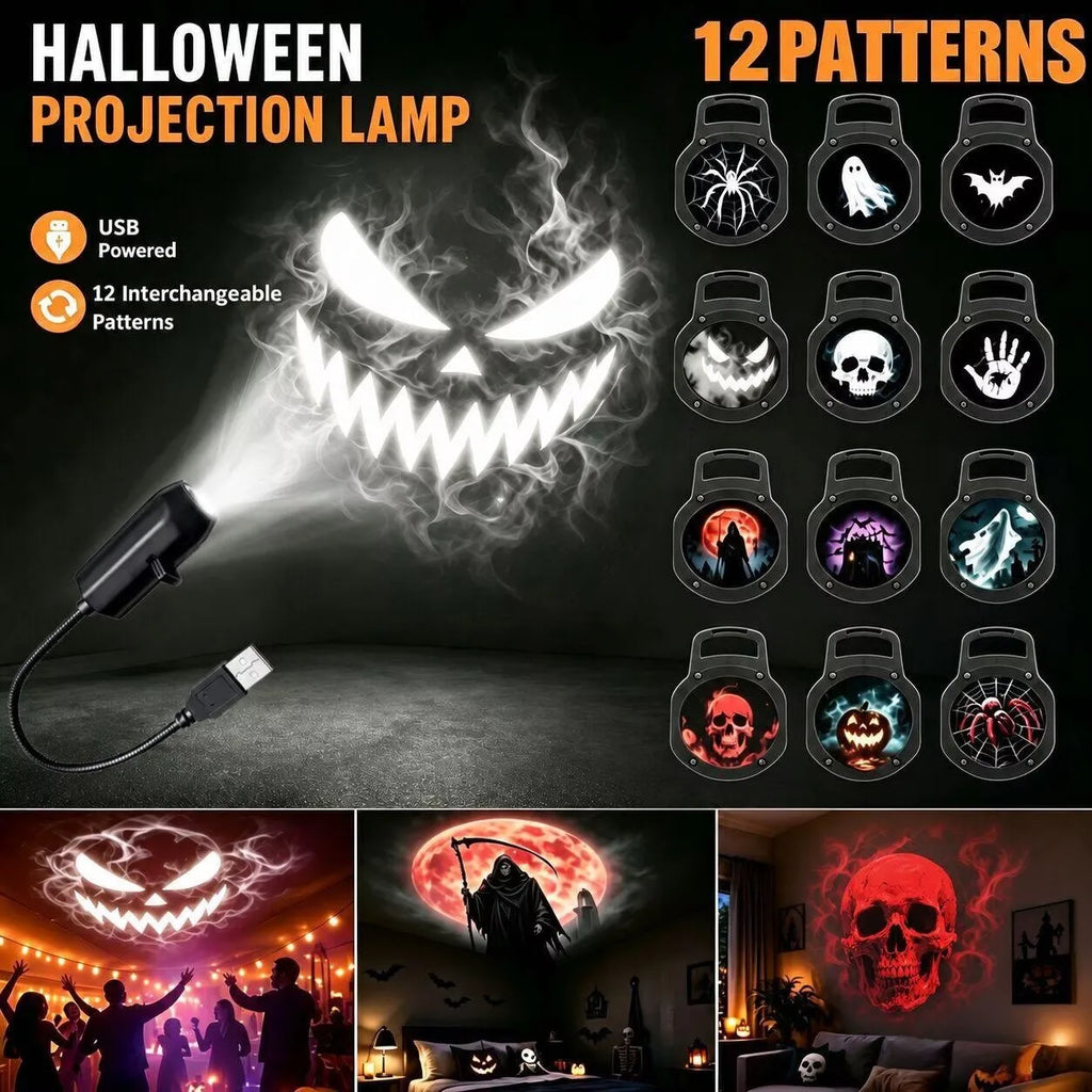 Luz de proyector USB para Halloween, lámpara de noche con proyector LED de calavera y fantasma, patrones intercambiables para decoración de techos, ventanas y paredes de habitaciones