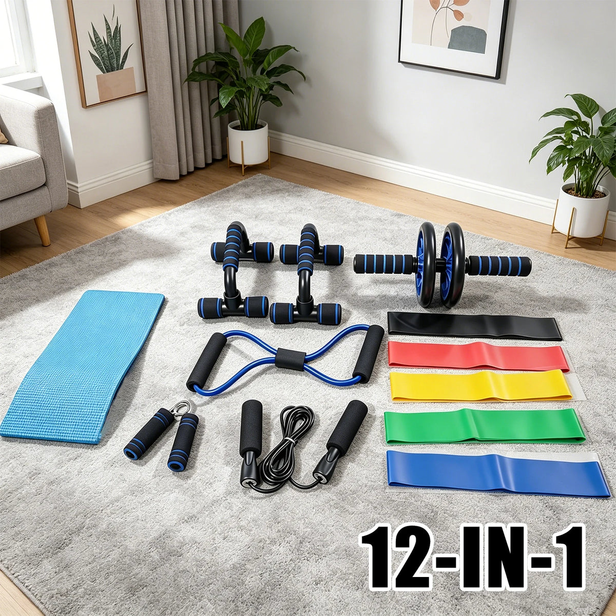 Equipo de Ejercicio Portátil 12 en 1 para el Hogar, Set de Fitness con Rueda Abdominal Antideslizante, Barras para Flexiones, Cuerda para Saltar, Agarrador de Mano, 5 Bandas de Resistencia, Banda de Resistencia en Forma de 8