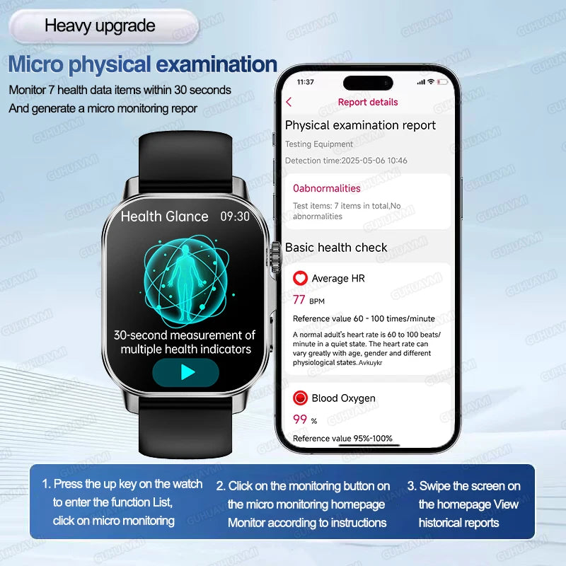 Nuevo reloj inteligente para hombres con diagnóstico de salud preciso ECG, presión arterial, oxígeno en sangre, grasa en sangre, ácido úrico, temperatura y llamadas Bluetooth