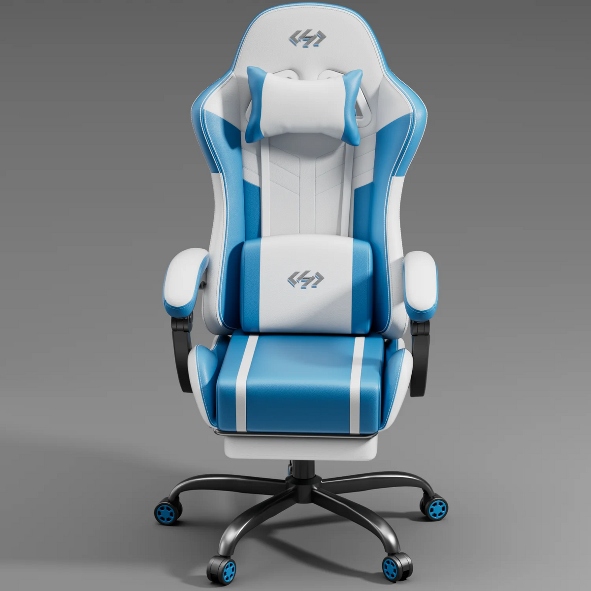 Silla de gaming ergonómica blanca y azul con reposacabezas, cojines y base giratoria