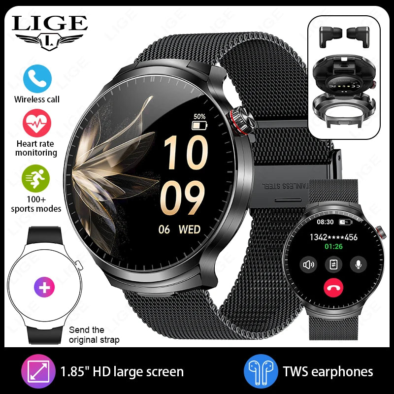 Reloj inteligente LIGE TWS con auriculares, pantalla IPS de 1.85", llamadas BT, monitor de frecuencia cardíaca y sueño, reloj inteligente deportivo resistente al agua para Android e iOS