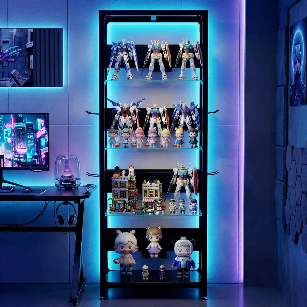 Estantería vitrina de 4 niveles con panel de vidrio y marco metálico negro, luces LED RGB