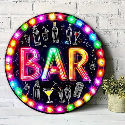 Cartel circular LED con letras BAR y bebidas ilustradas, borde multicolor