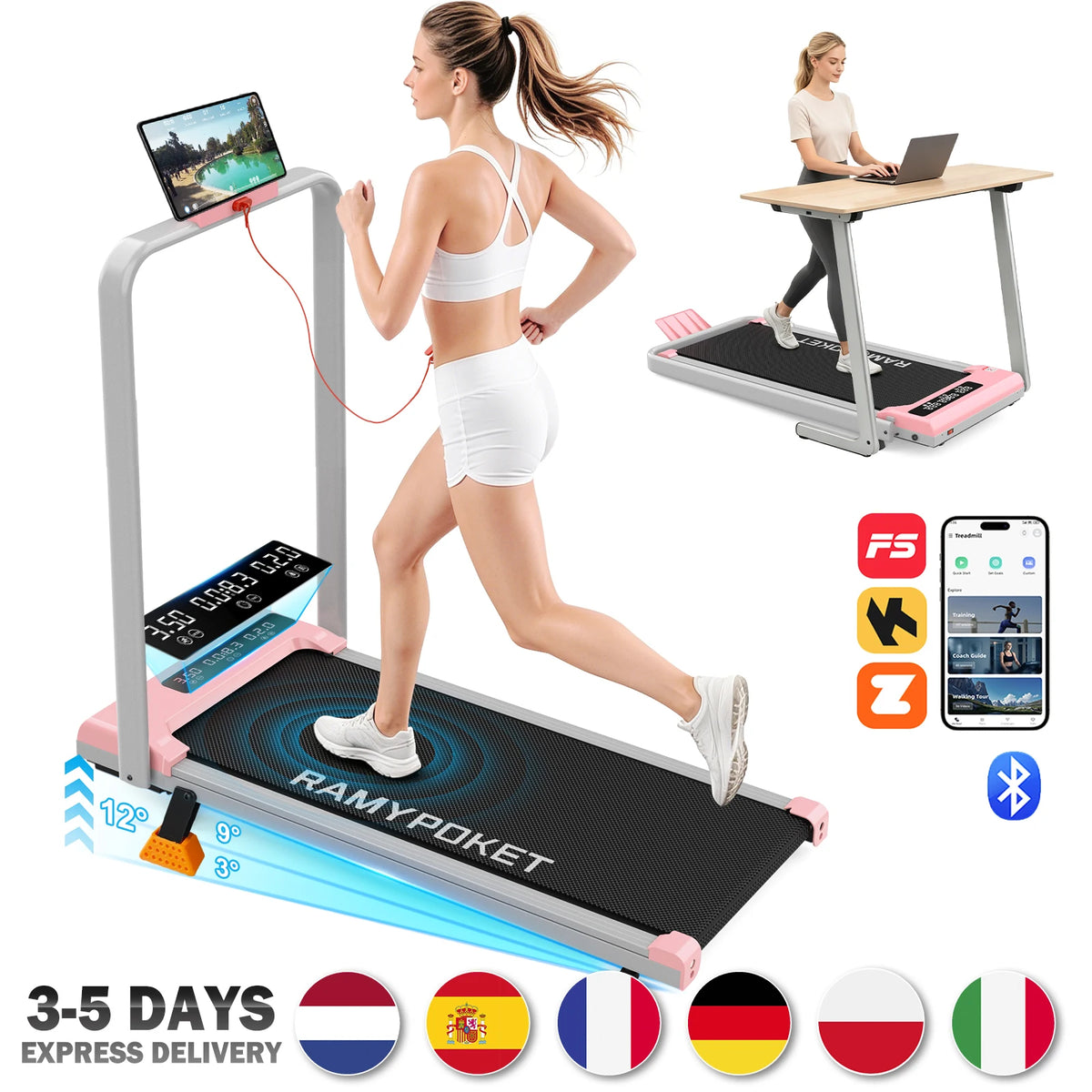 RAMYPOKET Cinta de Correr Plegable Para Oficina con Inclinacion 15%, 1-12KM/H,3.0HP, Control Mediante Aplicacion y Pantalla LED de Tres ventanas, 150KG.Caminadora Electrica Para Casa, Apto Para Personas de 170 cm