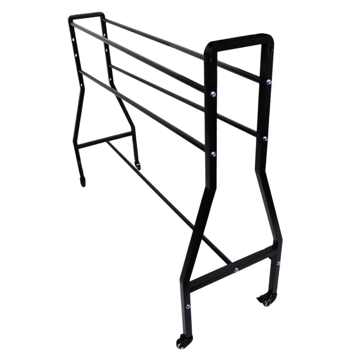 Carrito de almacenamiento grande con sistema de frenos para balones de baloncesto, con estructura estable y ruedas, ideal para el garaje o para practicar deportes en interiores.