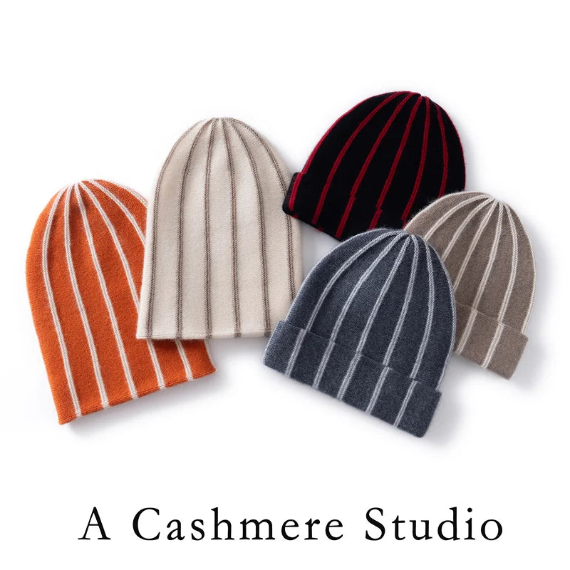 2026 Nuevo Gorro de Cachemira Pura a Rayas con Borde, Gorro Cálido de Invierno para Mujer, para Montar a Caballo, Esquiar al Aire Libre, Gorro de Moda Tejido