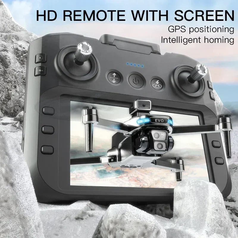 Control remoto gris con pantalla y joysticks, soporte para smartphone integrado