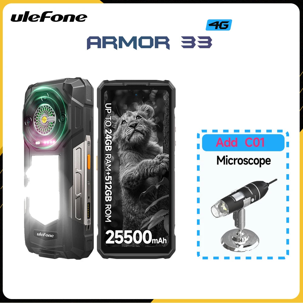 Teléfono inteligente resistente Ulefone Armor 33, Android 15, 24 GB+512 GB, LED versátil, NFC, carga rápida de 66 W, 25500 mAh, altavoz potente, 120 Hz
