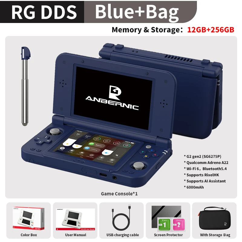 Consola de Juegos Portátil Retro Anbernic RG DDS con Pantalla IPS de 4.7"/4" Doble, Batería de 6000mAh, Android, 16 Juegos, Compatible con Asistente de IA y Streaming