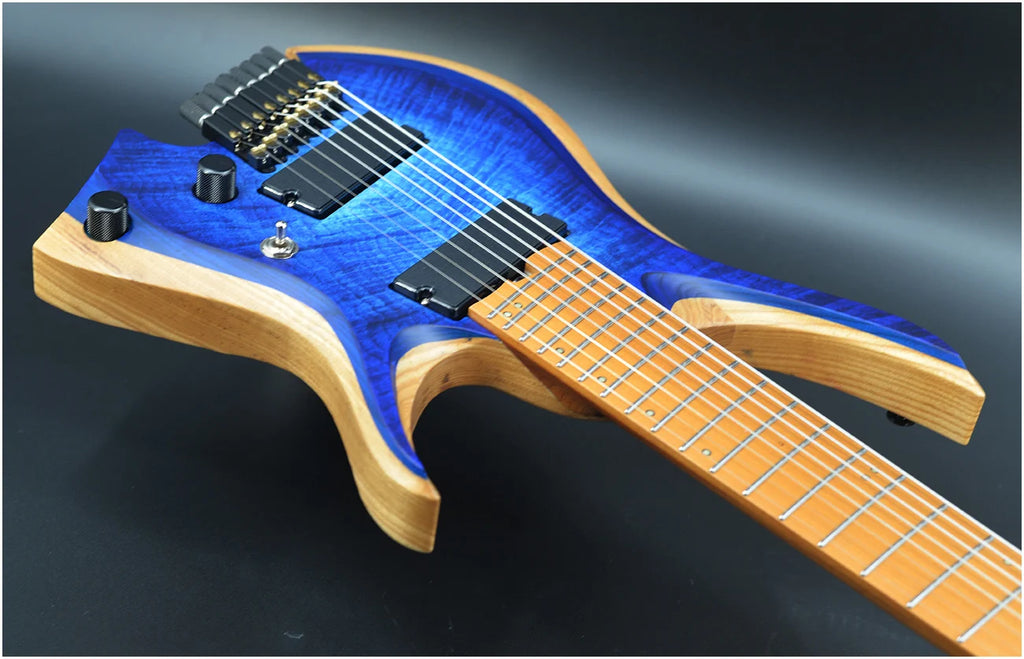 Guitarra NK 2026, con trastes en forma de abanico, 8 cuerdas, cuello con unión en forma de cuña, guitarra eléctrica sin clavijero, color azul brillante, cuello de arce, envío gratuito.