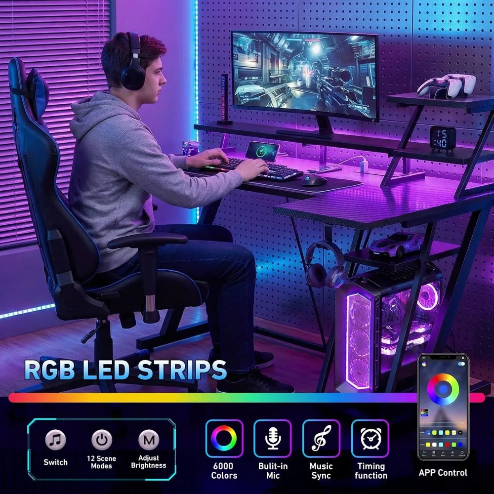 Escritorio en L para gaming con tiras LED RGB y soporte para monitor