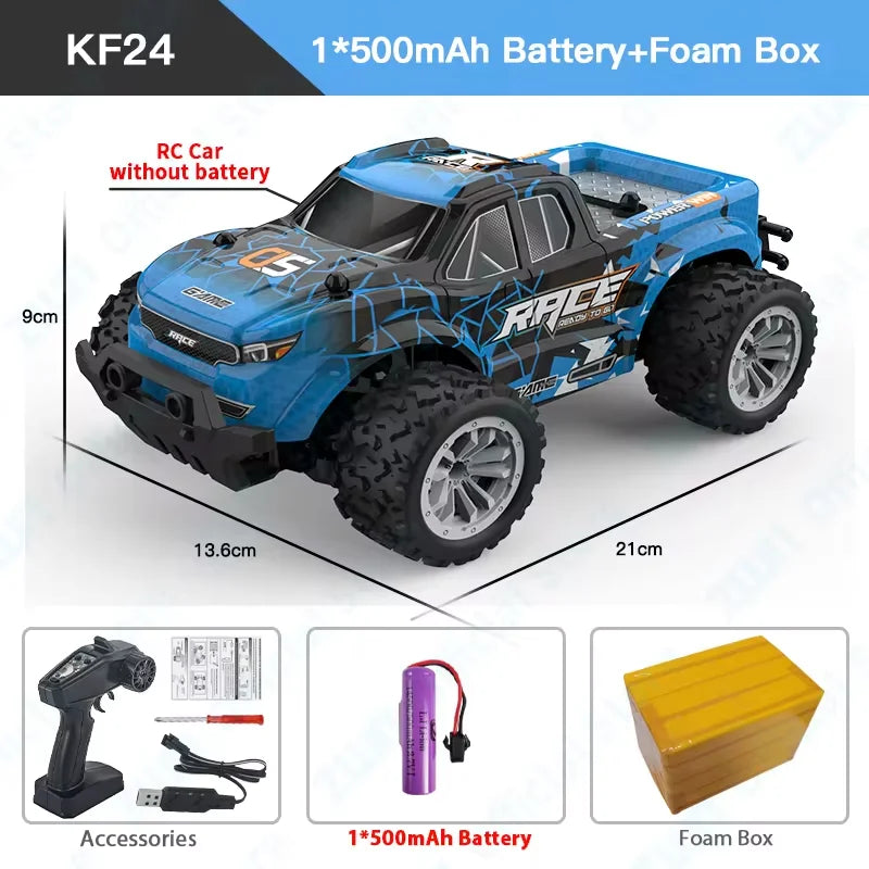 Coche RC todoterreno azul con ruedas grandes, luces LED y carrocería robusta