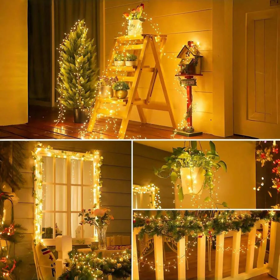 Guirnalda de luces LED solares con forma de petardo, guirnalda impermeable para exteriores, luz de hadas para boda, fiesta, jardín, decoración navideña