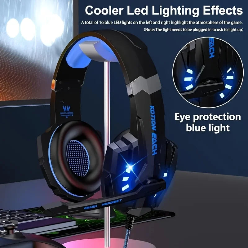 Auriculares gaming con luz LED azul, orejeras acolchadas y diadema sobre la oreja