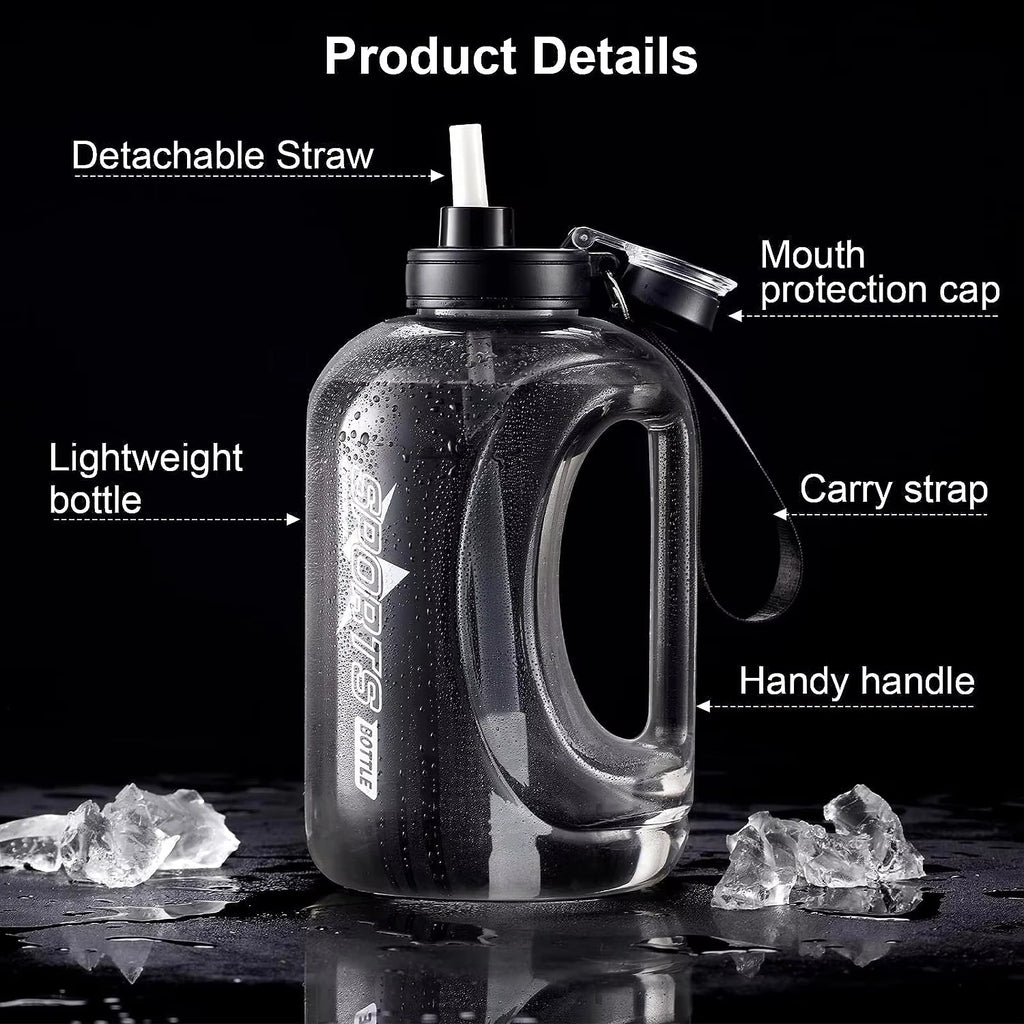 Botella de agua de gran capacidad con pajita y correa, mango portátil, sin BPA, ecológica, perfecta para deportes al aire libre y fitness