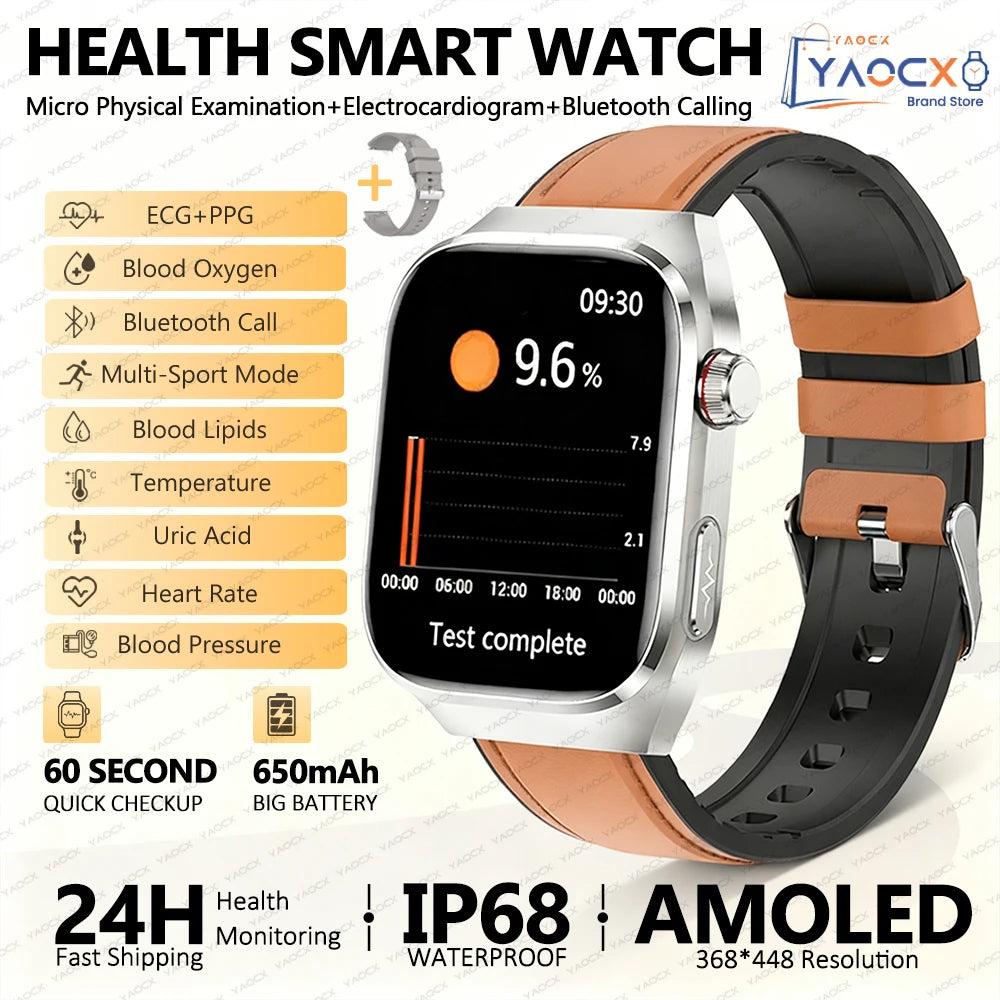 Reloj inteligente para hombre 2026, nuevo modelo con medición de ácido úrico y lípidos en sangre, ECG+PPG, presión arterial, frecuencia cardíaca, llamadas Bluetooth, reloj inteligente de salud