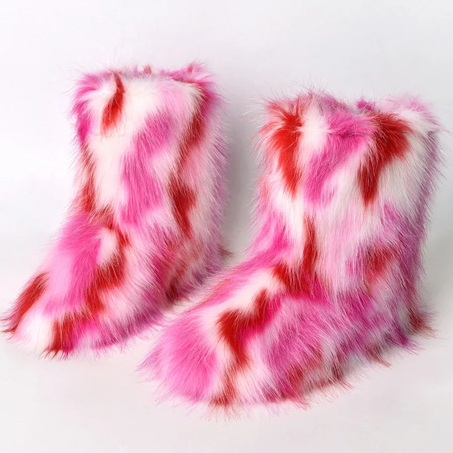 Botas de piel para mujer, botas de nieve de piel sintética peludas y esponjosas de lujo para invierno, botines de plataforma impermeables con cordones, botas de esquí rosas 2024