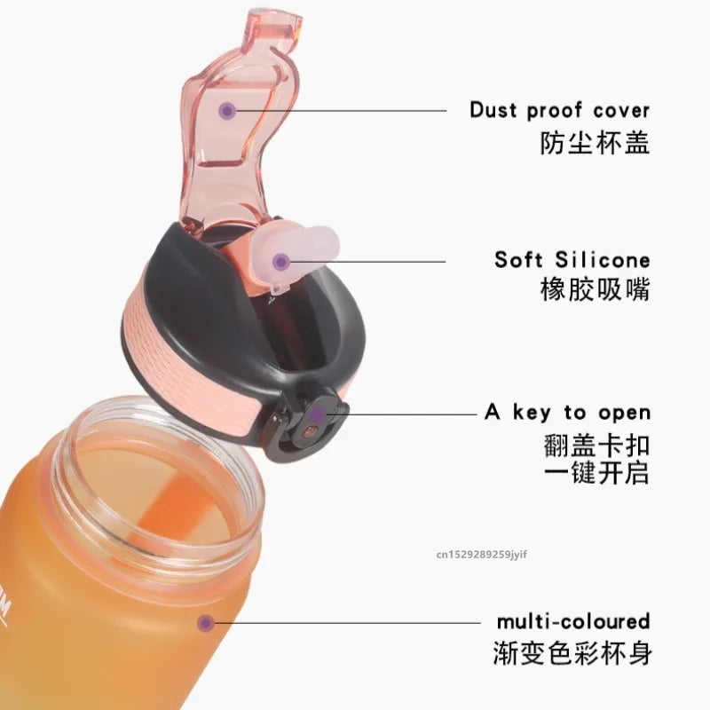 Botella de Agua de Plástico de 1000 ml con Degradado de Color y Pajita, Botella de Agua Deportiva a Prueba de Fugas para Viajes al Aire Libre, Fitness y Ciclismo