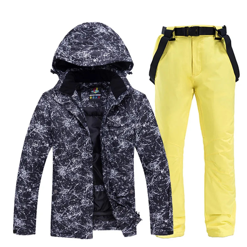 -30 Conjuntos de trajes de nieve blancos para hombres o mujeres Ropa de invierno al aire libre Ropa de snowboard Disfraces impermeables Chaqueta de esquí + Baberos de pantalón de nieve