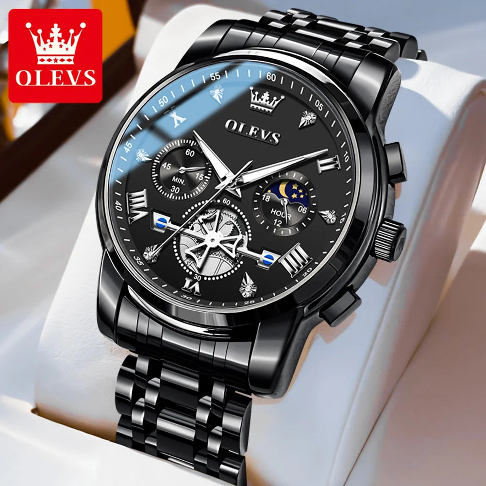 Relojes de cuarzo OLEVS 2856 para hombre, diseño de volante de moda, cronógrafo, resistente al agua, luminoso, calendario, fase lunar, relojes de pulsera para hombre