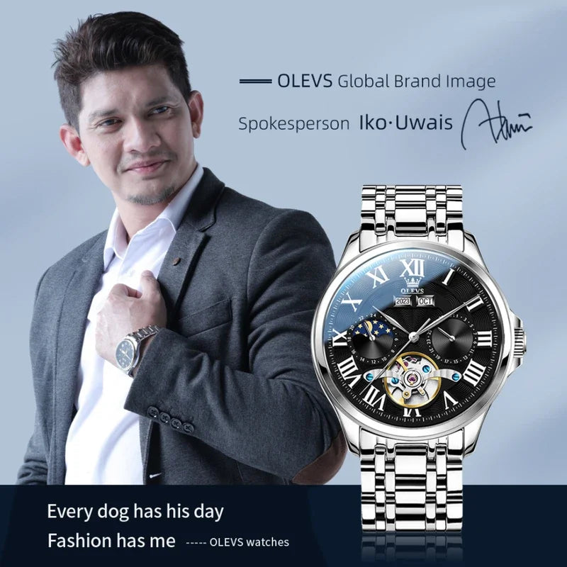 Reloj mecánico de negocios OLEVS 7013 con esfera redonda y correa de acero inoxidable
