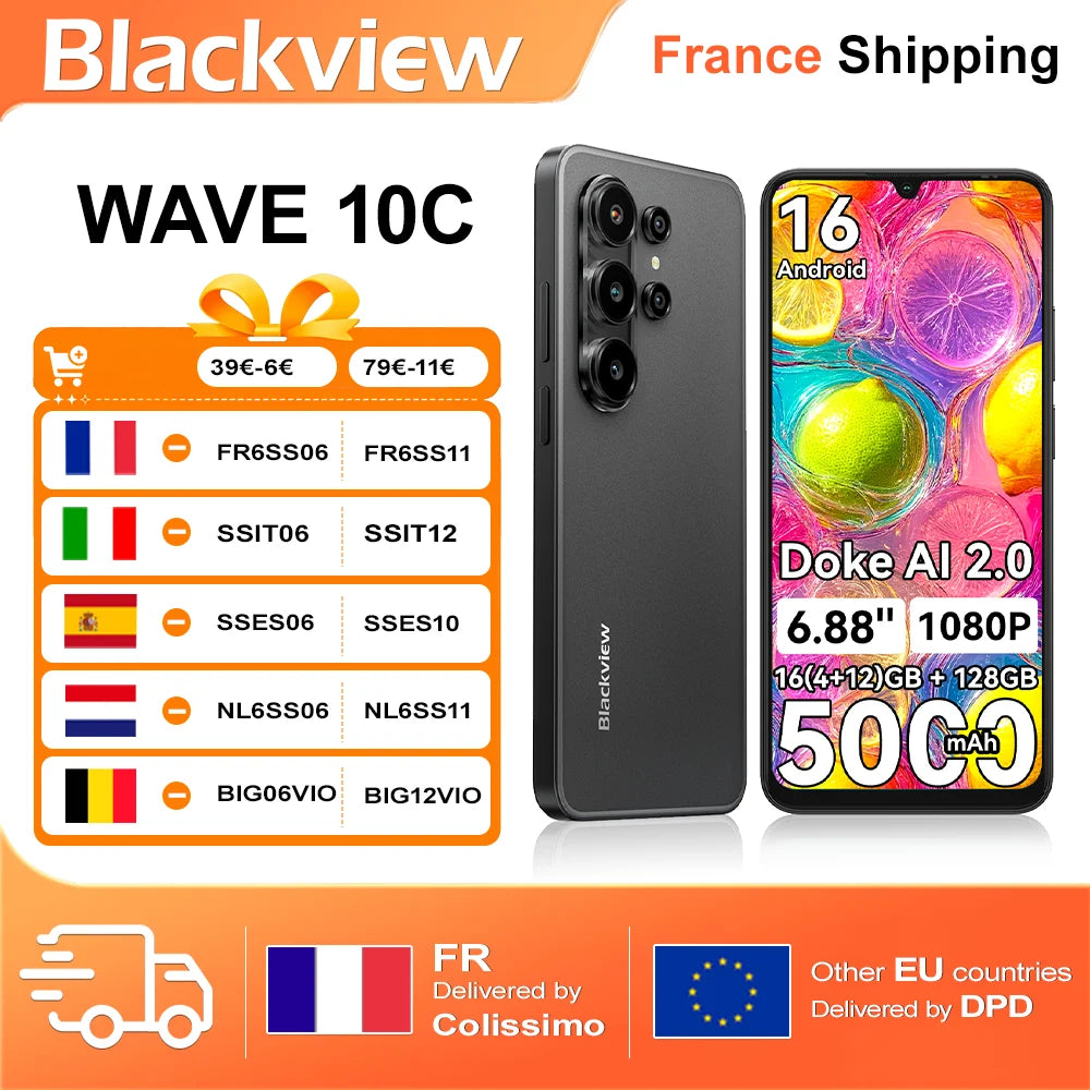 Smartphone Blackview Wave 10C, pantalla HD+ IPS de 6.88", 4GB RAM+32GB ROM/4GB RAM+128GB ROM, cuerpo delgado de 9.1mm y peso ligero de 205g, cámara de 32MP con soporte para video FHD 1080P, batería de 5000mAh, Doke AI 2.0, funda protectora gratuita