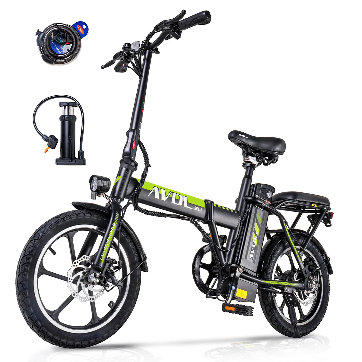 Bicicleta eléctrica AVDLEU de 16 pulgadas, equipada con una batería de 36V 11.4Ah y un motor de 250W. Alcanza velocidades de hasta 25 km/h con una autonomía de 35–50 km.