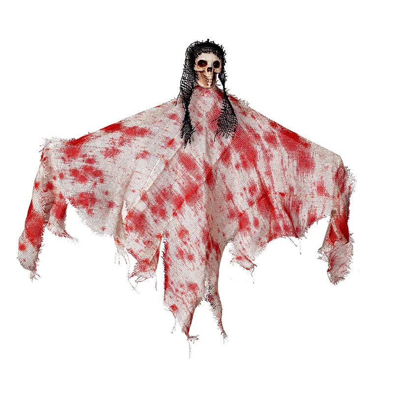 Accesorios de Halloween, decoración aterradora: esqueleto colgante, fantasma, calavera, cortina de gasa sangrienta para puerta, ideal para casas encantadas, bares, fiestas en interiores y exteriores.