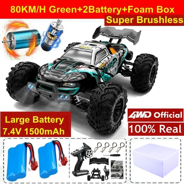 Coche RC 4x4 todoterreno color verde con detalles negros, llantas grandes y tacos.