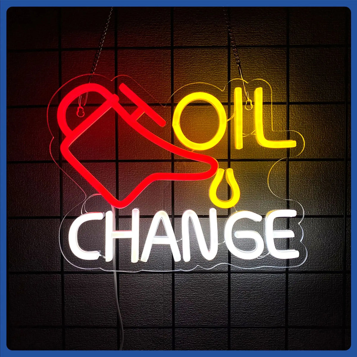 Señal de neón LED para pared 'OIL CHANGE' con ícono de llave rojo y amarillo