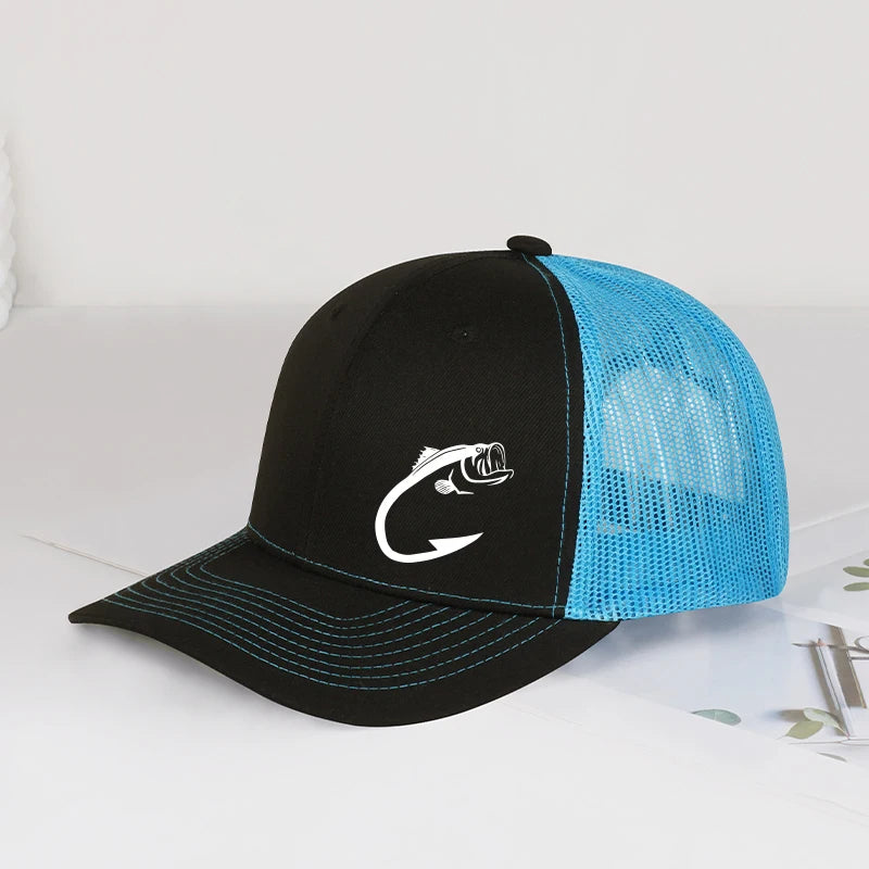 Gorra de camionero con estampado de anzuelo para pesca de lubina, ajustable, unisex, de malla, para pesca y protección solar