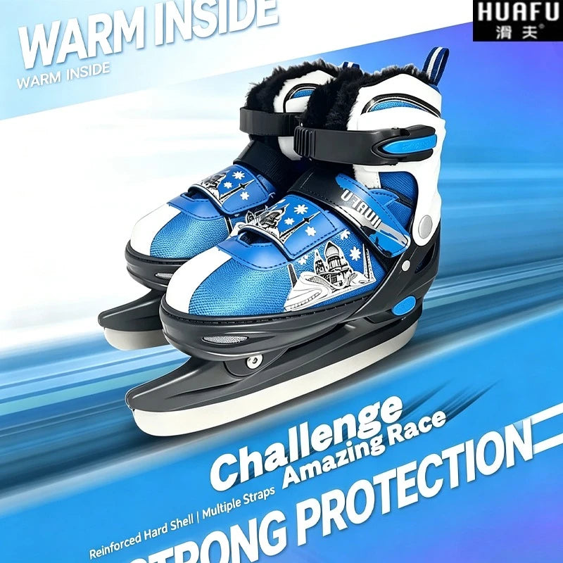 Patines de hielo ajustables HUAFU unisex para niños, adultos, hombres, mujeres, principiantes, hockey/patines de velocidad, forro cálido de felpa, cuchilla de acero inoxidable
