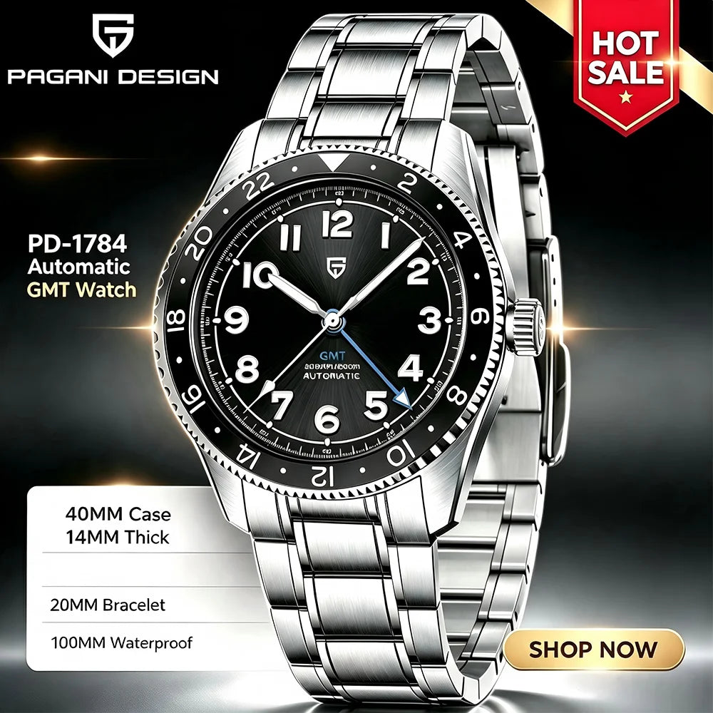 PAGANI DESIGN PD1784 GMT Automatic Mechanical Watch DG5833 Stainless Steel Sapphire Glass Waterproof Watches reloj hombre