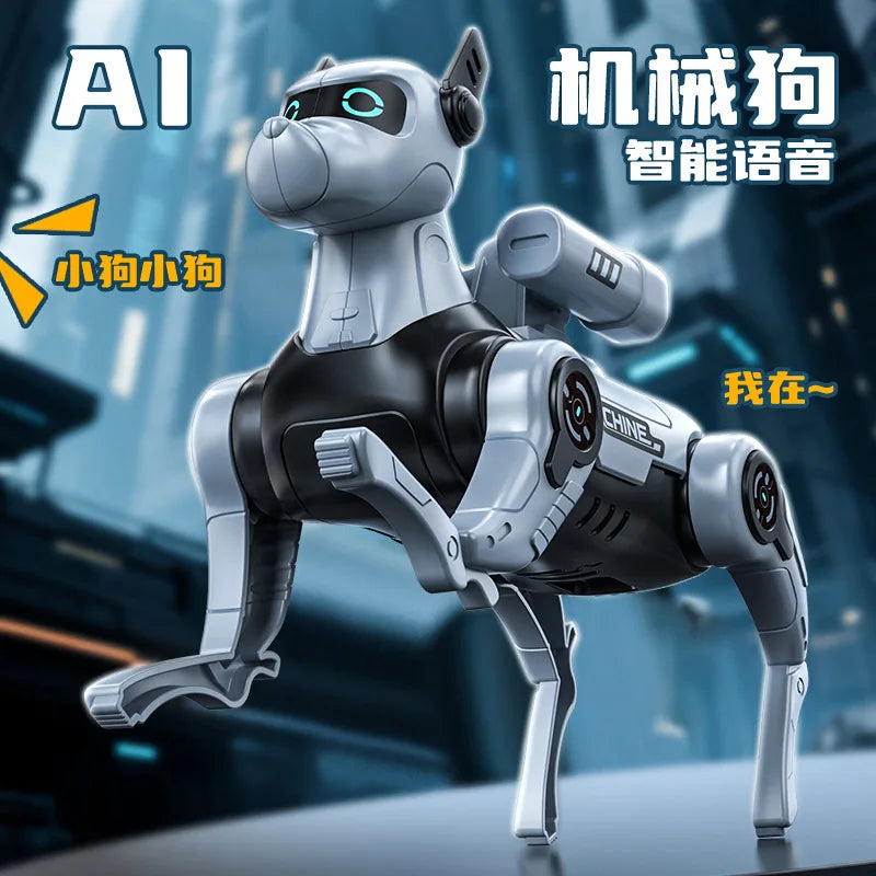 Perro robot infantil plateado con cuerpo negro y patas articuladas, control remoto