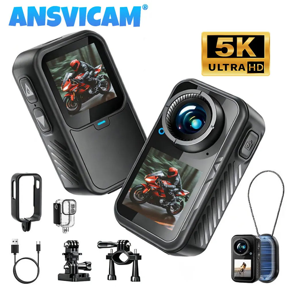 ANSVICAM Cámara de Acción Mini 5K, Cámara Deportiva 4K60FPS con Estabilización EIS, Pantallas Táctiles Dobles, Resistente al Agua, Cámara Corporal Magnética