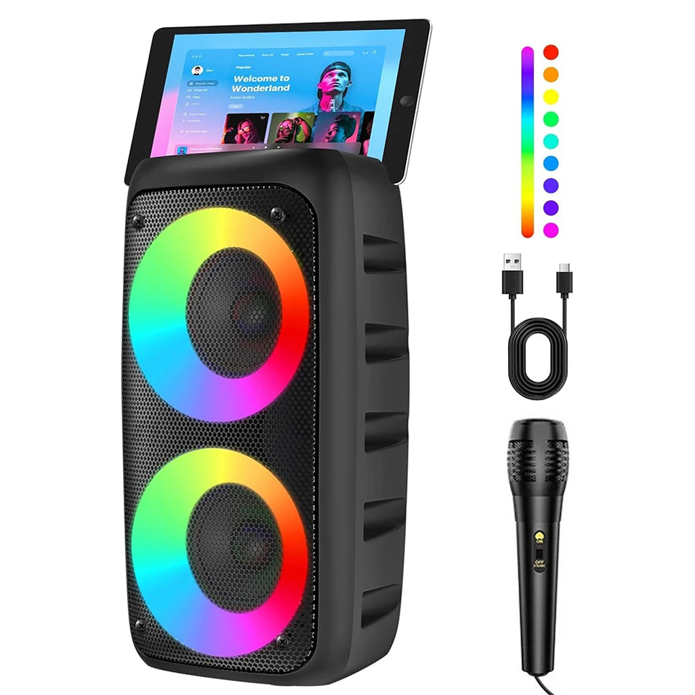 Altavoz Bluetooth, máquina de karaoke para adultos y niños, luces LED de colores, altavoz Bluetooth portátil con 1 micrófono con cable, sistema de altavoz DJ/PA recargable con tarjeta TF, entrada auxiliar, TWS para deportes al aire libre y fiestas en casa