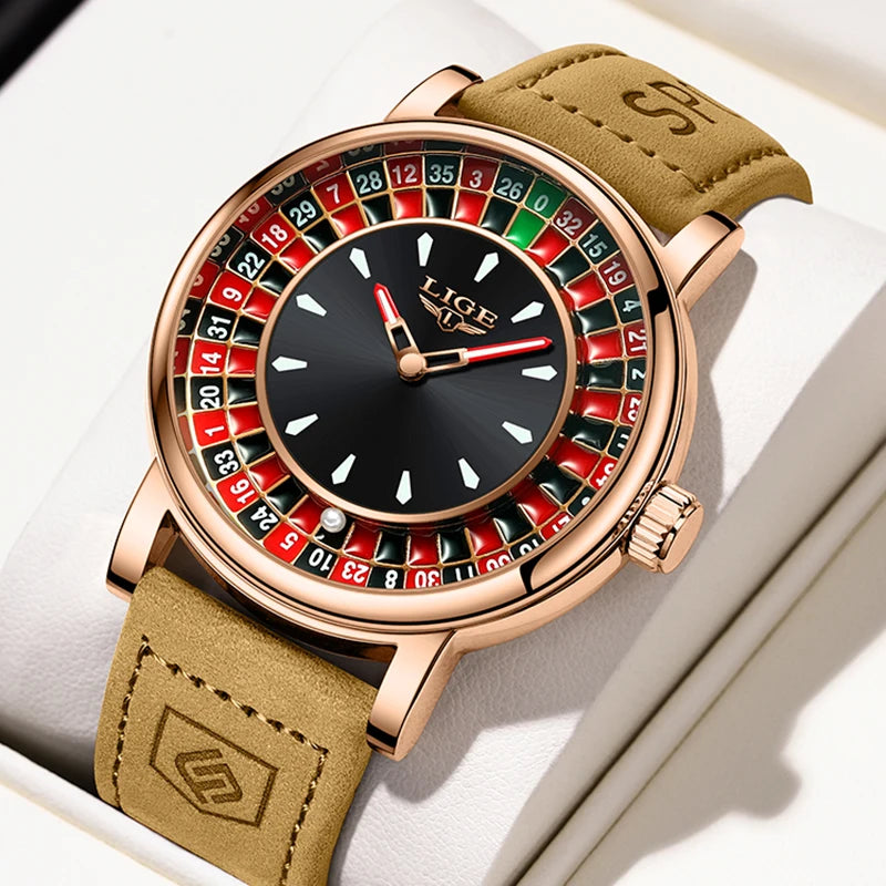 LIGE Casino Roulette Dial Men Watch Retro Brown Leather Strap Waterproof Quartz Watches for Men Business Casual Wrist Gift Watch