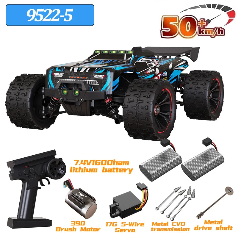 Coche RC 4x4 todoterreno azul y negro, con batería de litio y mando a distancia