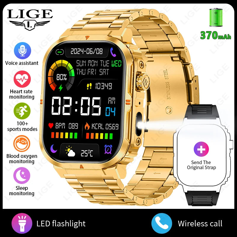 LIGE New Sports Smart Watch 2.01" HD Make Answer Call Voice Assistant Flashlight Outdoor 370mAh Battery Smartwatch For Men Women