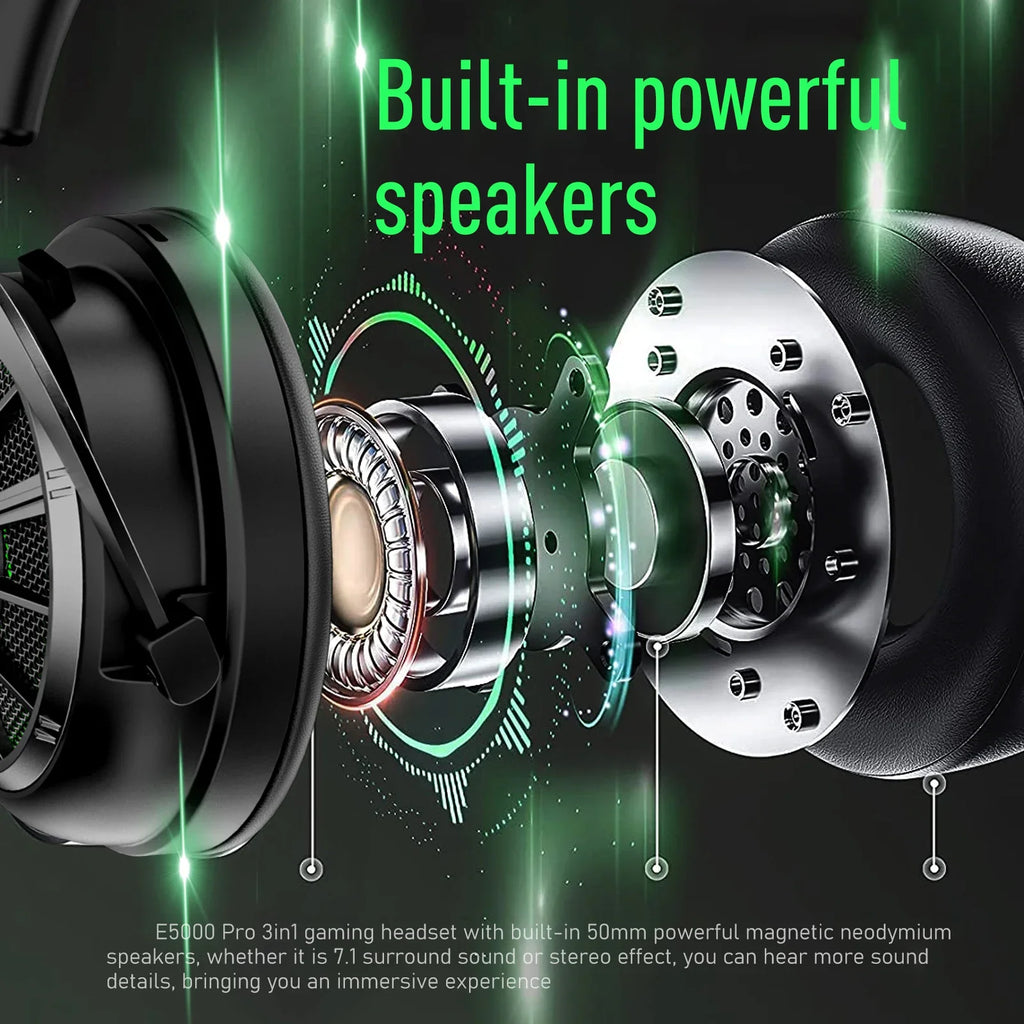 Auricular gaming negro con altavoz interno y detalles LED verdes, con diagrama de drivers.